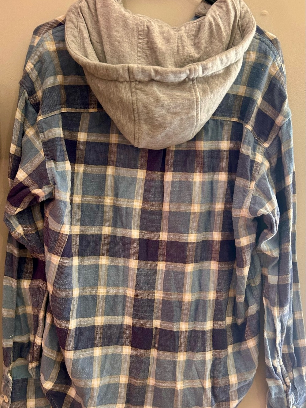 American Eagle Outfitters Blue and Tan Plaid Hooded Button-Down Shirt - Picture 4 of 6